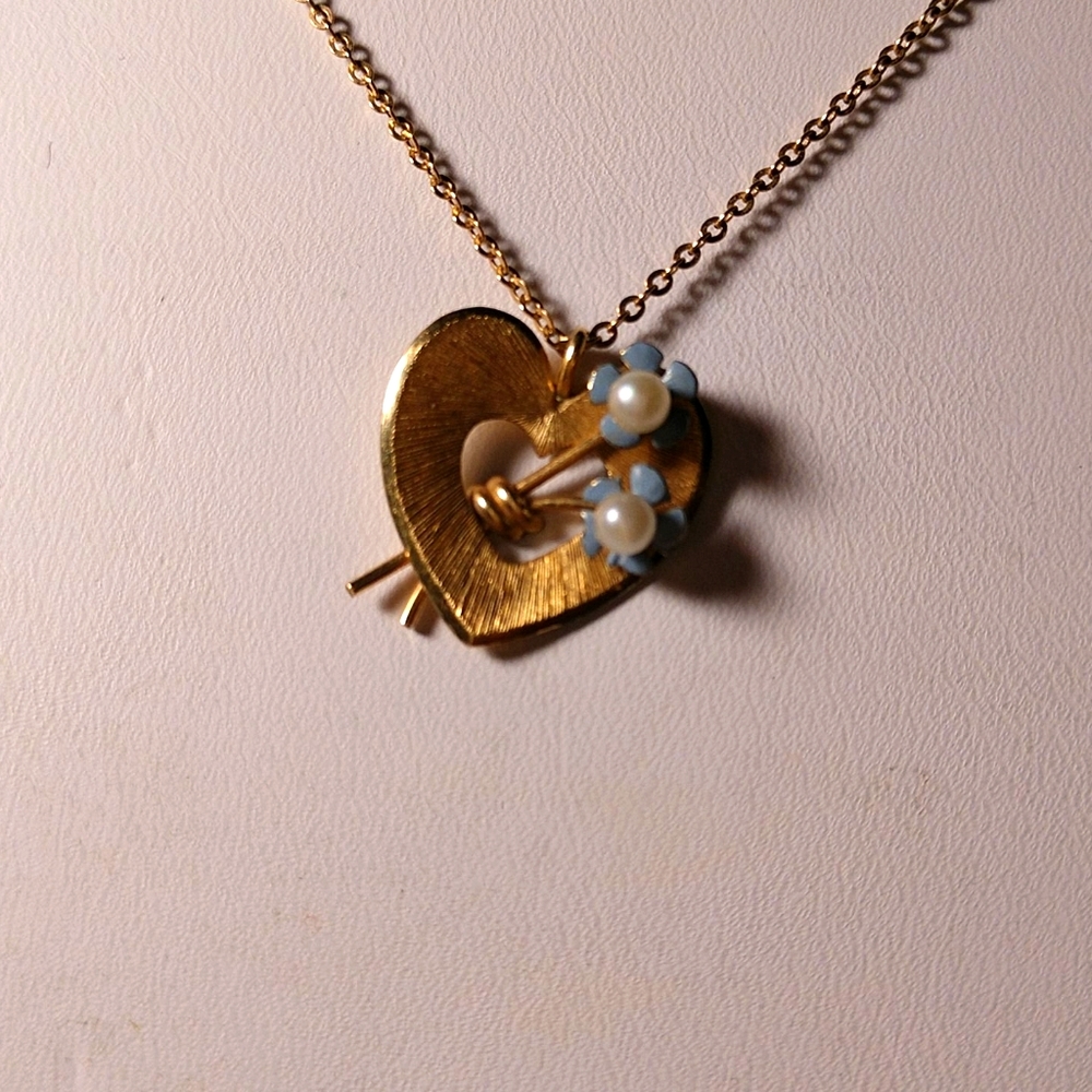 Vtg Krementz Heart Shaped Forget Me Knot Necklace